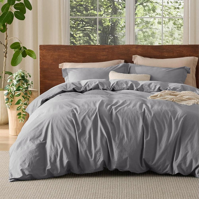 Bedsure 100% Washed Cotton Duvet Cover King Size - Grey Minimalist Cotton Duvet Cover Linen Like for All Seasons - GentleSoft™ Plain Simple Bedding, 3 Pieces (Grey, King, 104"x90")
