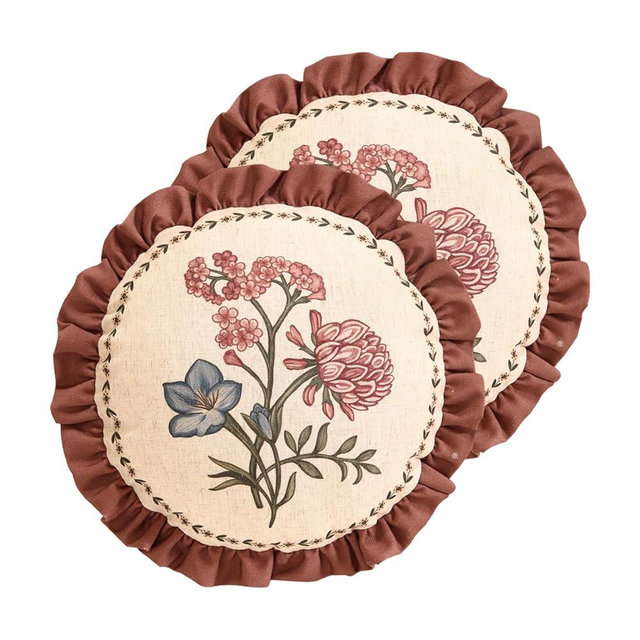 ISAENNE Design Linen Vintage Throw Pillow Covers Diameter 16" Pack of 2, Round Cushion Covers with Blue Pink Flowers Green Leaves Pattern Decoration Pillowcases for Bed,Living Room,Outdoor,Car