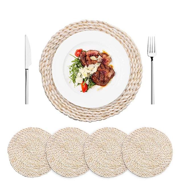 AXABING 4PCS Natural Woven Placemats,Round Placemats Braided Rattan Tablemats 11.8” ,Large Handmade Woven Placemats Heat Resistant Non-Slip,Suitable for Home, Restaurant, Table Placement