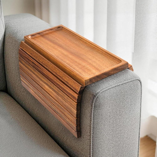 Acacia Wood Couch Armrest Table, Couch Arm Tray, Foldable Anti-Slip Bamboo Couch Tray, Sofa Cup Holder for Drink Snacks Remote Control