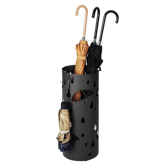SONGMICS Umbrella Stand, Metal Umbrella Holder for Entryway, with Water Tray and 4 Hooks, 7.7 x 7.7 x 19.3 Inches, Round, Ink Black ULUC23B
