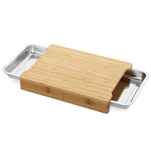 Navaris Cutting Board with Trays - Bamboo Chopping Board with 2 Stainless Steel Pull Out Sliding Drawer Pan Tray Containers - 16.1" x 11.6" x 2.5"