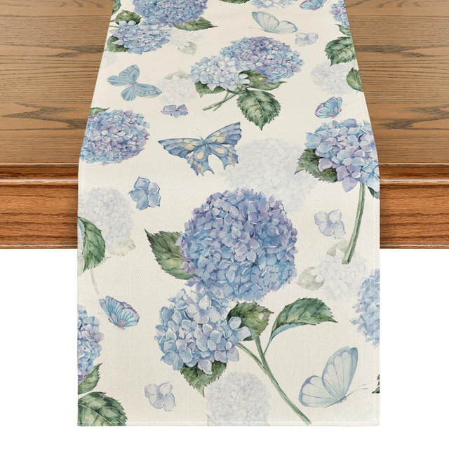 Artoid Mode Hydrangea Butterfly Summer Table Runner, Seasonal Spring Holiday Kitchen Dining Table Decoration for Home Party Indoor 13x90 Inch