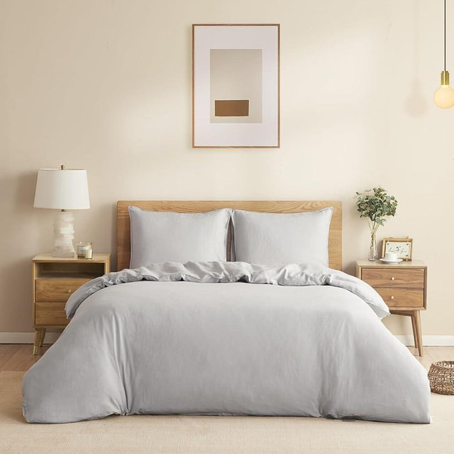 DAPU 100% Linen Duvet Cover Set - Pure Natural French Flax Linen with 8 Corner Ties and Zipper Closure Soft Breathable Durable for Hot Sleepers 1 Duvet Cover 2 Pillowcases (Fog Gray, King)
