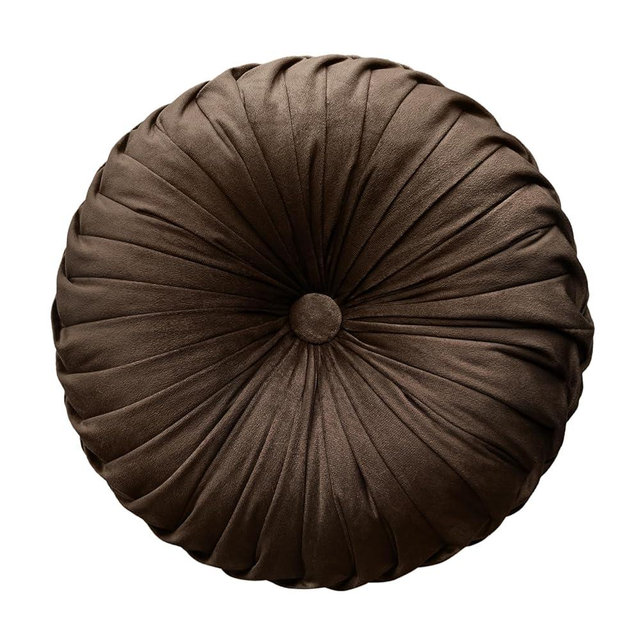 Teieas Round Throw Pillow Velvet Home Decoration Pleated Round Pillow Cushion for Couch Chair Bed Car (Brown)