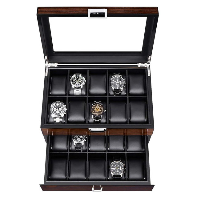BEWISHOME Watch Box, 20 Slots Watch Case for Men - Luxury Watch Organizer with Glass Top,Smooth Faux Leather Interior, Brown SSH04Y
