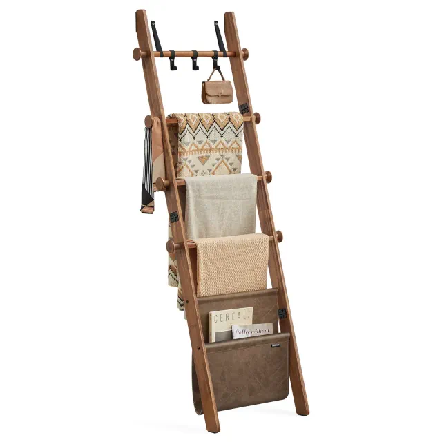 VASAGLE Blanket Ladder, 5-Tier Wooden Ladder Shelf, Decorative Farmhouse Blanket Rack with Synthetic Leather Bag, Metal Hooks, Caramel Brown