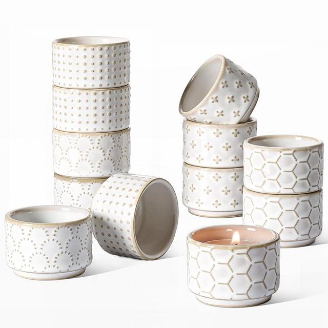 LE TAUCI Tealight Candle Holder, Small Votive Candle Holders Bulk,Embossed Ceramic Candle Holders for Thanksgiving,Christmas, Wedding Table Centerpiece Decor, Set of 12, Arctic White