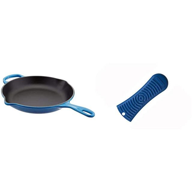 Le Creuset Enameled Cast Iron Signature Iron Handle Skillet, 10.25" (1-3/4 qt.), Marseille & Silicone Handle Sleeve, 5 3/4" x 2", Marseille