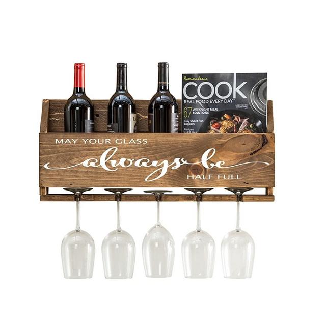Del Hutson Designs The Little Elm Wine Rack w/Quote 'May Your Glass Alway Be Half Full, USA Handmade Reclaimed Wood, Wall Mounted, 4 Bottle 4 Long Stem Glass Holder (Walnut)