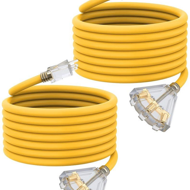 25Ft 12 Gauge Outdoor Extension Cord with 3-Outlets, 2 Pack, Heavy Duty 3 Prong Extension Cord Waterproof with Lighted end, 15A SJTW, ETL Listed, Yellow