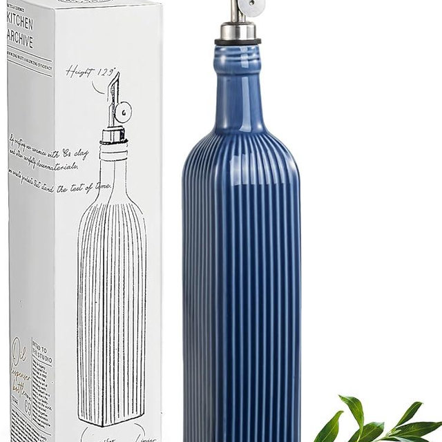 getstar 18 oz Olive Oil Dispenser Bottle for Kitchen, Ceramic Oil Bottle with Automatic Stainless Steel Pourer (Silver Pourer, Blue)