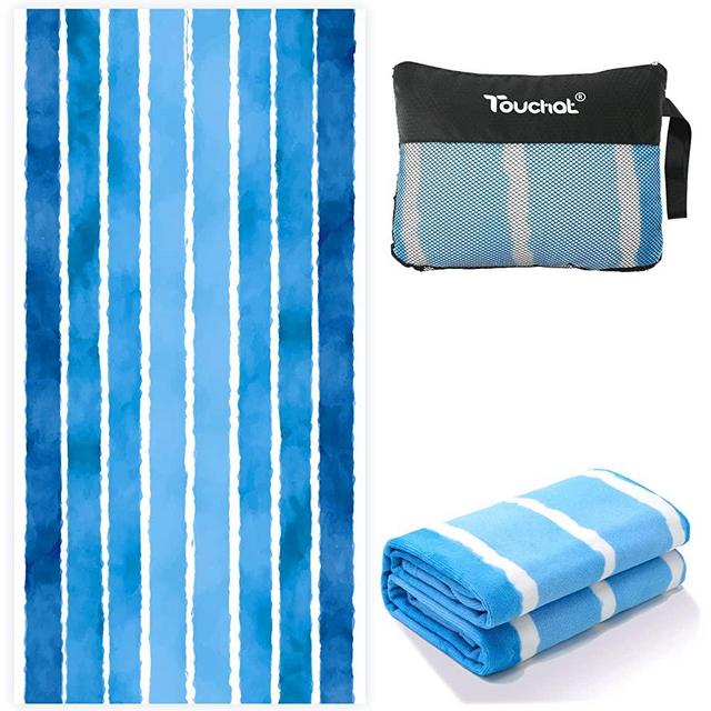 Beach Towel, Touchat Beach Towel, Sand Free Microfiber Beach Towel Lightweight, Super Absorbent Personalized Pool Towels & Cabana Stripe Beach Towel 30”x60” for Adults,Men,Women,Kids(Blue Wave)