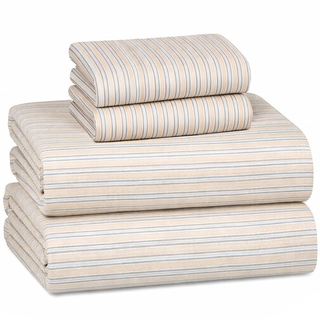 Briarwood Home® Printed Flannel Sheet Set, 100% Natural Cotton, Soft, Warm & Deep Pocket, Advanced Nano-Tech Making it Resistance to Pilling; Brushed 6 Times for Softness (Oak Stripes, Queen)