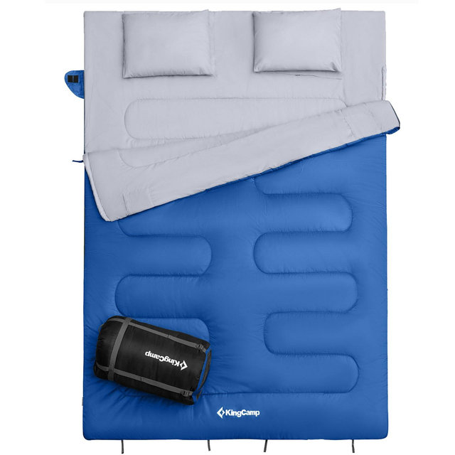 KingCamp 87 x 59 Inch 2 Person 20 Degree Lightweight Waterproof Couple Family Sleeping Bag with 2 Pillows for Camping, Hiking, & Backpacking, Blue