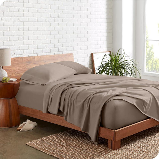 Bare Home 100% Organic Cotton T-Shirt Fabric Sheet Set, Ultra Soft, 100% Cotton Jersey - Sheet Set & Pillowcases - Deep Pocket Bed Sheets (Queen, Taupe)