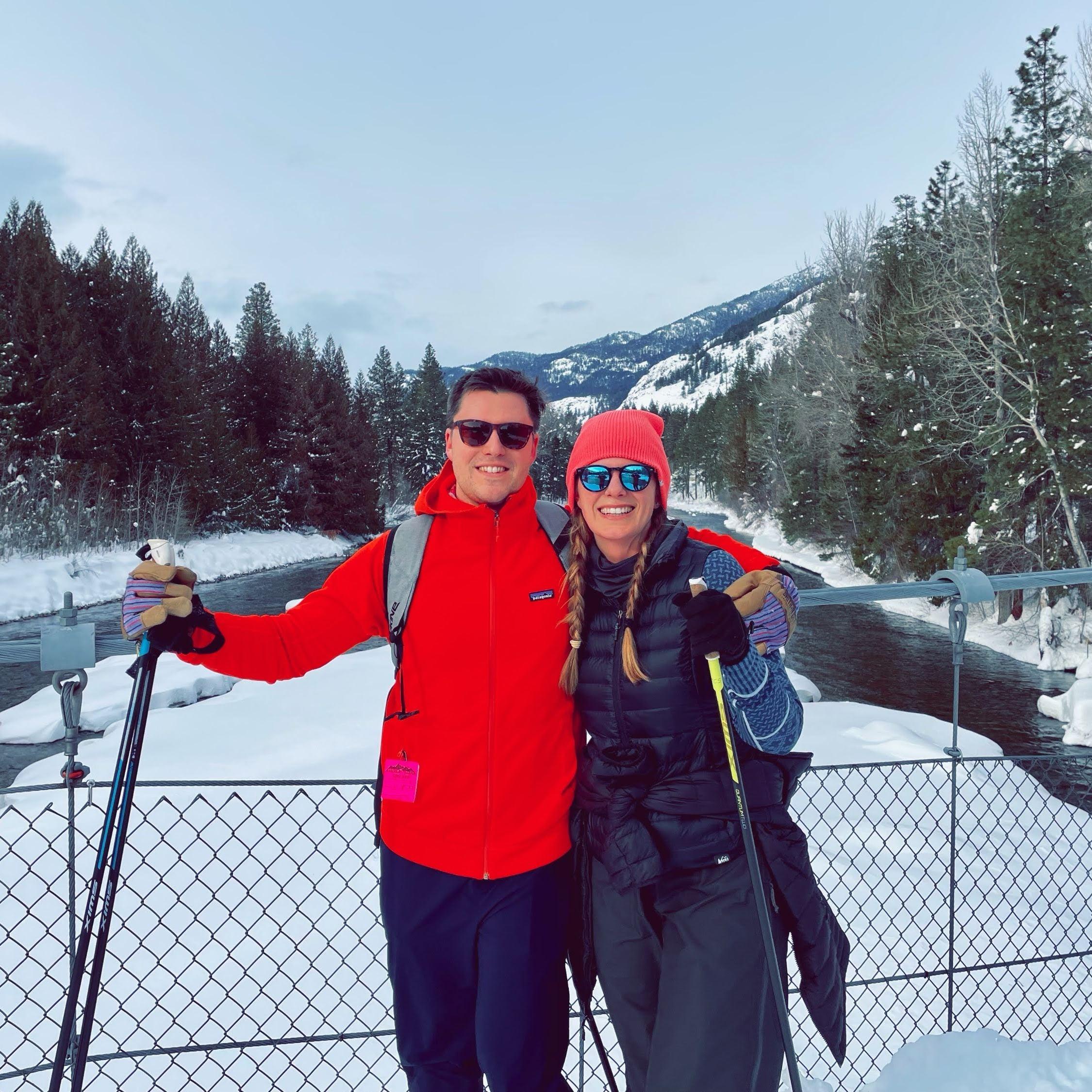 Cross country skiing (May is good at it; Mark is not) in the Methow Valley. 2022.