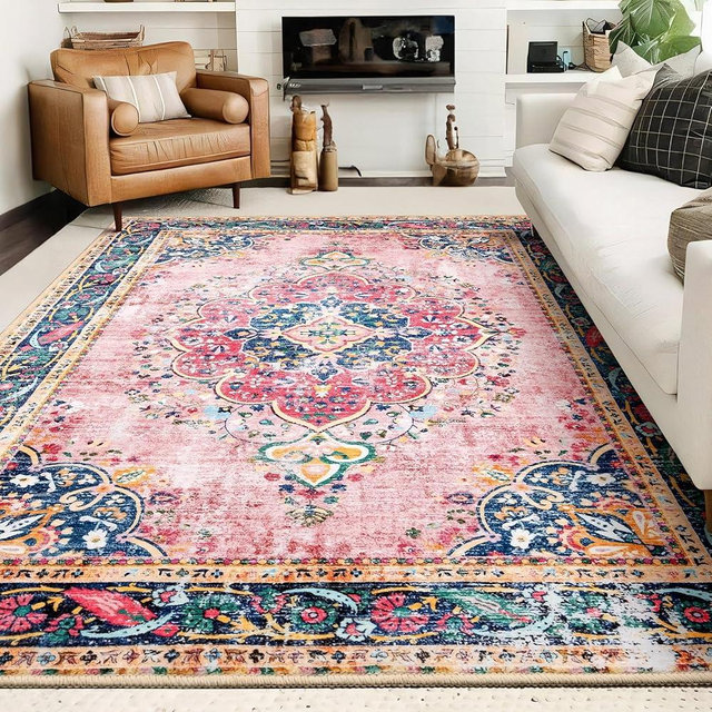 YesRug 8x10 Area Rugs for Living Room Pink Boho Rug Vintage Rug Non-Slip Washable Low Pile Foldable Large Rugs for Bedroom Dining Room Indoor Floor Carpet