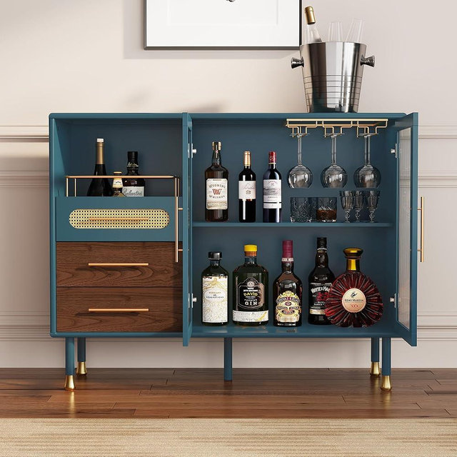 ARTPOWER 48" Coffee Bar Cabinet with Wine Racks and Drawers, Modern Buffet Sideboard with Pull-Out Wine Storage, Liquor Bar Cart for Kitchen, Dining Room, Living Room (Blue)