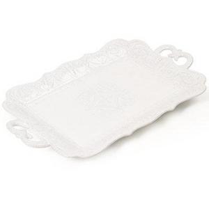 Embossed vines, graceful beading and a delicate scalloped edge give the Blanc platter the classic, romantic feel of Maison Versailles dinnerware. With beautifully sculpted handles.