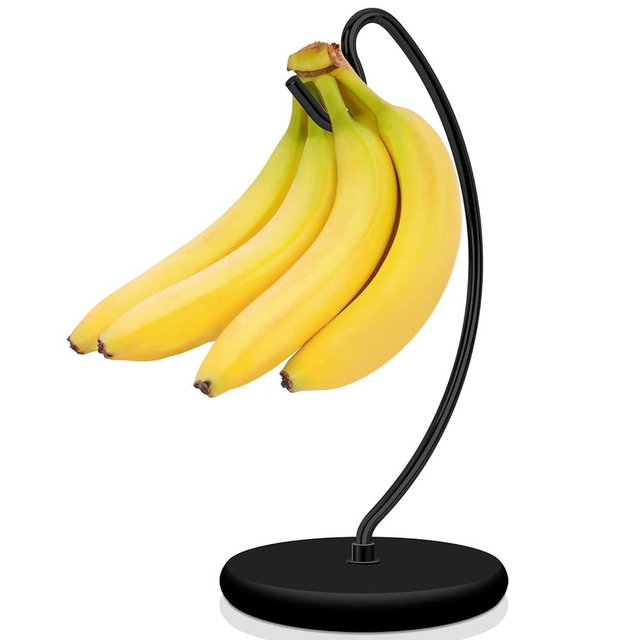 Niceyos Banana Holder Stand - Newest Patented Modern Banana Hanger with Wood Base Stainless Steel Banana Tree Hook Rack for Kitchen Countertop (Full Black)