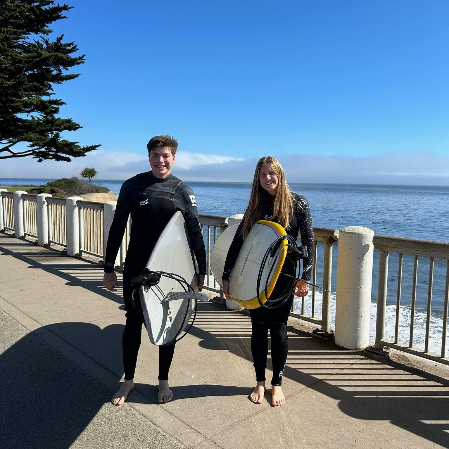 The first time Lily took Tristan out surfing in Santa Cruz.