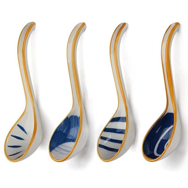 4 Pieces Japanese Ceramic Soup Spoons Set Asian Retro Japan Ceramic Rice Spoons Curved Handle Ramen Soup Spoon Painted Classic Pattern with Long Handle for Salad,6.4 x 1.8 Inch (Blue White)