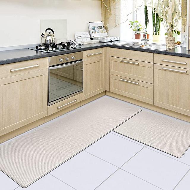 DEXI Kitchen Rugs and Mats, Cushioned Anti Fatigue Comfort Mat, 2/5Inch Waterproof Non Skid Standing Kitchen Rug Set, 17"x29"+17"x59", Wheat