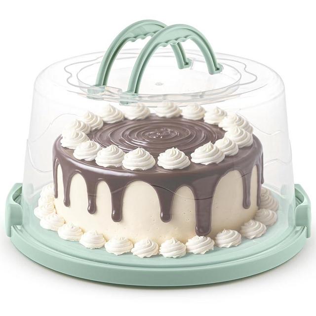 MosJos Extra Large Cake Carrier, Cake Holder with Lid & 2 Sturdy Snaps & Handles, Cake Containers with Lids/Five Section Tray, Holds 10” Cake with Icing, Cake Carrier with Lid and Handle (Green)