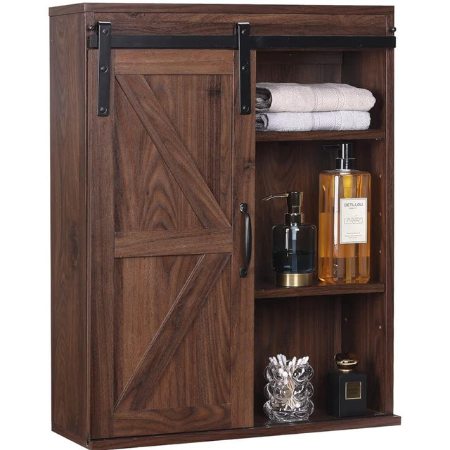 RUSTOWN Farmhouse Wood Wall Storage Bathroom Cabinet with Sliding Barn Door, Rustic Medicine Cabinet with Adjustable Shelf, 3-Tier Vintage Cabinet for Kitchen Dining, Bathroom, Living Room (Walnut)