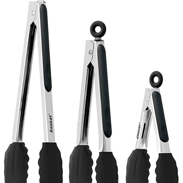 Anaeat Non-Stick Silicone Locking Tong Set of 3 - Stainless Steel 7", 9", 12" Kitchen Food Tongs with Non-Slip Silicone Tips and Grip for Cooking, Baking and BBQ - Heat Resistant up to 480°F (Black)