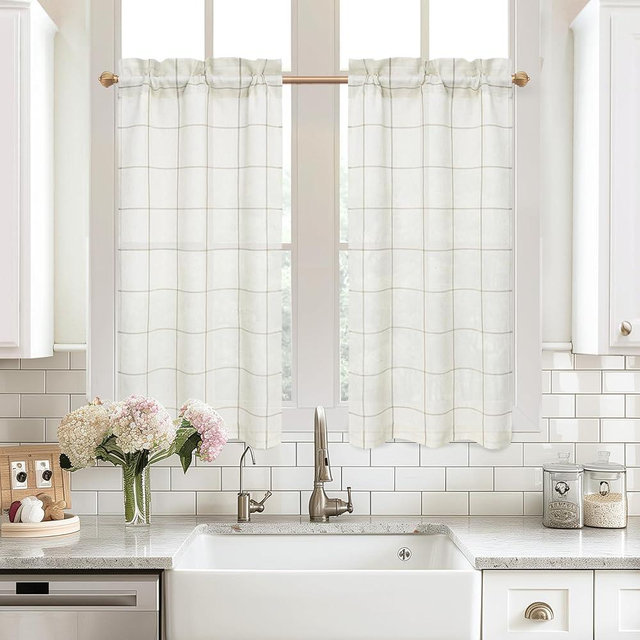 DriftAway Kitchen Curtains Striped Tier Linen Short Curtains Windowpane Plaid Cafe 45 Inch Length for Living Room Bathroom Chris Farmhouse Rustic Rod Pocket 2 Panels Taupe