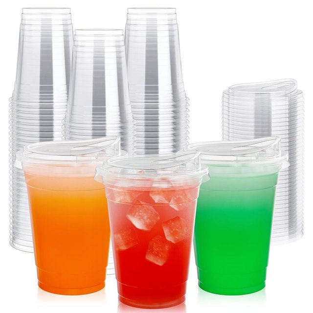 Lilymicky 16oz Clear Plastic Drinking Cups (90 Pack) with Strawless Sip Lids, Disposable Cups for Iced Coffee, Smoothie, Slurpee, or Any Cold Drinks