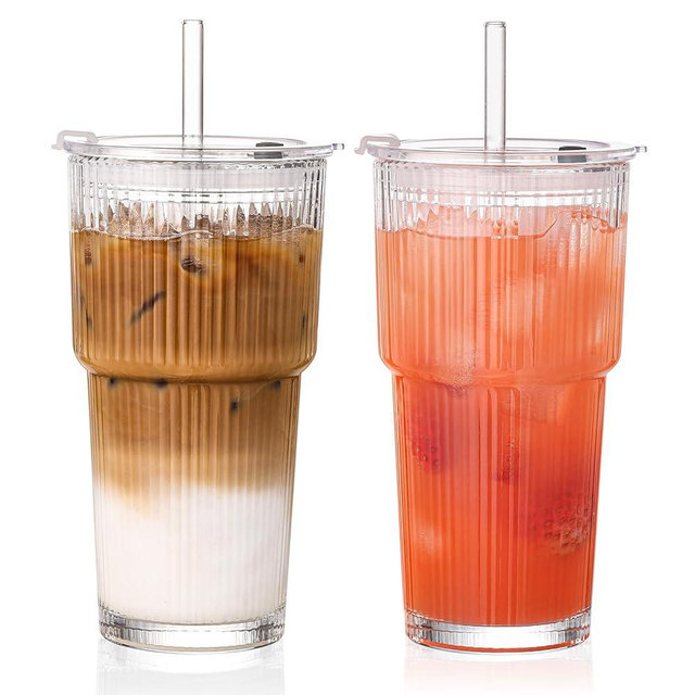 GOSCHE 20oz Ribbed Glass Tumbler with Straw and Lid, Clear Iced Coffee Cups Vintage Glassware, Glass Cups with Lids and Straws for Smoothie Water Tea Juice, Clear, 2 Pack