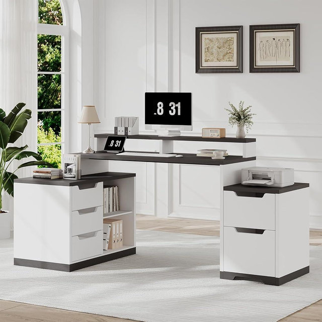 MaverickFurni L Shaped Desk with Drawers, 71 Inch Home Office Desk with Storage Cabinet, Corner Computer Desk with File Drawers, Printer Shelf and Monitor Stand, White