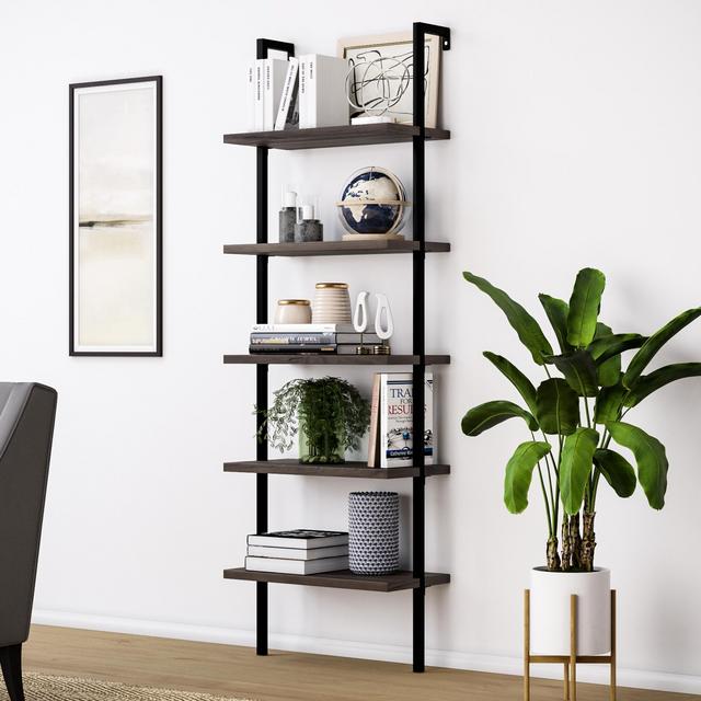 Nathan James Theo 5-Shelf Ladder Bookcase Rustic Dark Walnut Brown Wood Black Metal Frame