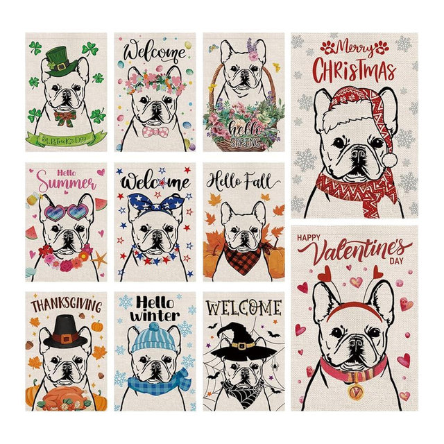 Seasonal Garden Flags French Bulldog Dog Double Sided Flags Set of 11 Holiday Farmhouse Indoor Outdoor Yard Lawn Decorations 12.5x18 Inch
