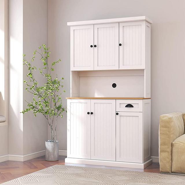 RASOO Buffet Hutch Cabinet Kitchen Sideboard Pantry Cabinet Wood Kitchenware Server Kitchen Storage Microwave Cabinet with 3 Doors Upstairs and 3 Doors downstairs and 1 Drawer, White