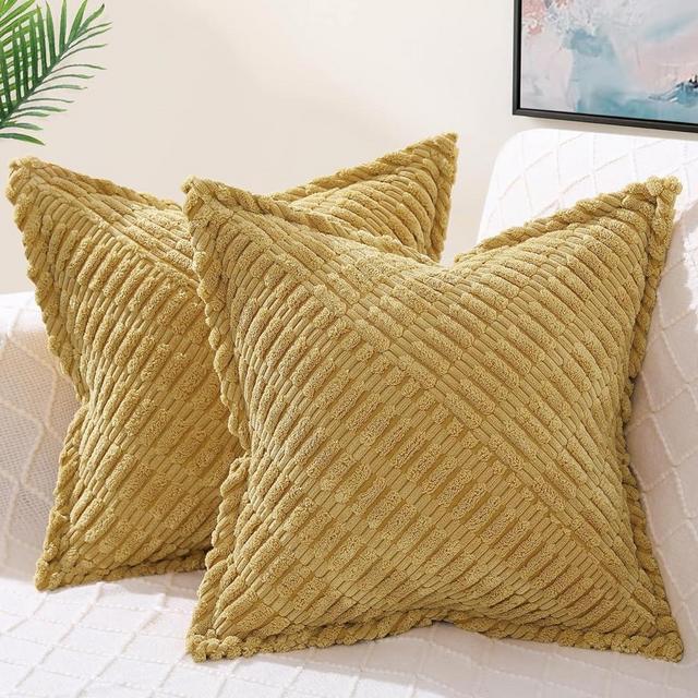 decorUhome Decorative Mustard Yellow Throw Pillow Covers 18x18 Set of 2 with Splicing, Boho Soft Corduroy Broadside Twill Pillow Covers for Couch Bed Sofa Living Room