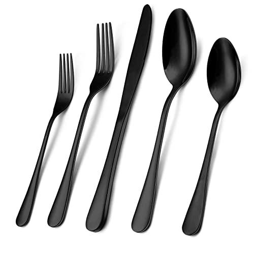 Wildone 60-Piece Black Silverware Set, Stainless Steel Flatware Cutlery Set Service for 12, Tableware Eating Utensils Include Knives/Forks/Spoons, Mirror Polished, Dishwasher Safe