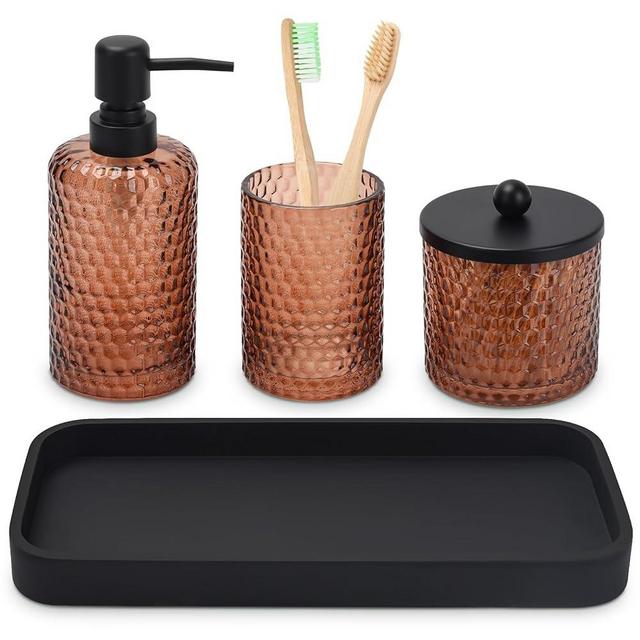 Bathroom Accessories Set,4 Pcs Amber Glass Bathroom Accessories Sets-Lotion Soap Dispenser,Toothbrush Holder,Qtip Holder Dispenser & Resin Vanity Tray,Countertop Vanity Organizer,Amber