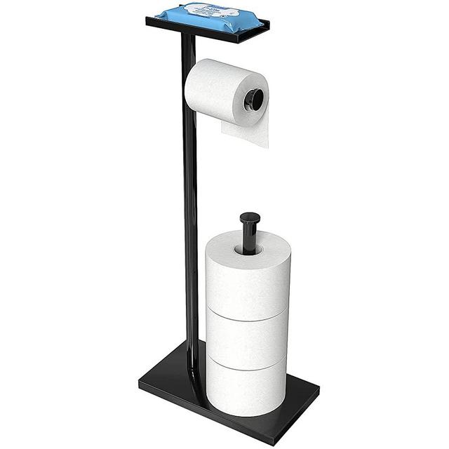 Toilet Paper Holder Stand with Shelf, Matte Black Toilet Paper Roll Holders Rack with Phone Shelf Free Standing, Toilet Tissue Holder for Bathroom Storage (USPTO Patent Pending)