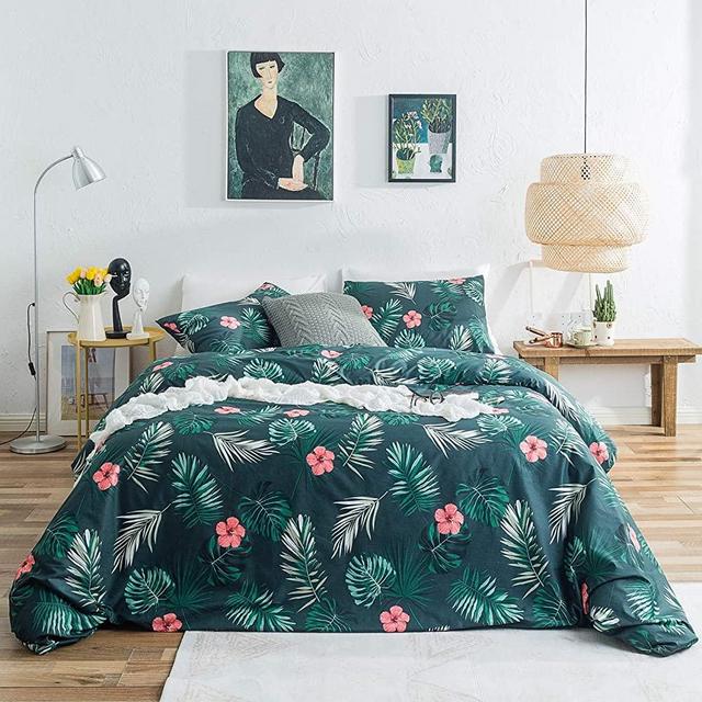 SUSYBAO 3 Piece Duvet Cover Set 100% Cotton King Size Green Monstera Leaf Print Bedding Set 1 Red Flowers Botanical Duvet Cover with Zipper Ties 2 Pillowcases Luxury Quality Soft Comfortable Durable