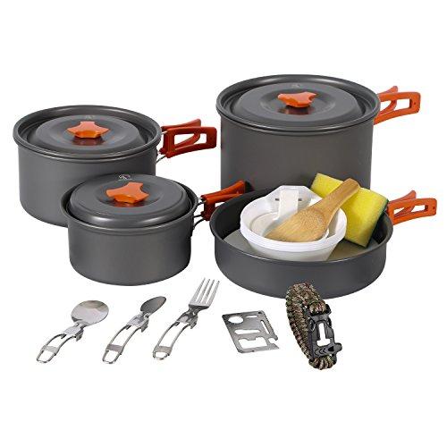 REDCAMP 9/12/18/23 PCS Camping Cookware Mess Kit with Kettle, Aluminum Lightweight Folding Camping Pots and Pans Set for 1/2/3/4 Person, FDA Approved