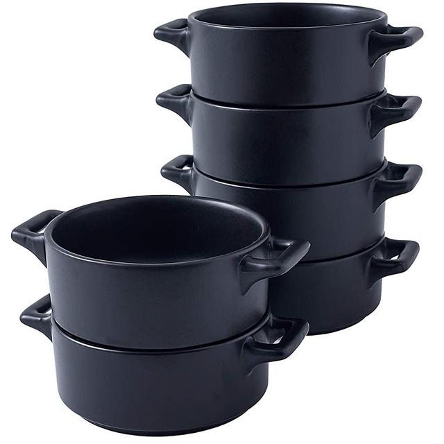 Bruntmor Modern Matte 10oz. Ceramic Round Ramekins Set Of 6 Souffle Dishes with Handles - for Baking Pies, Pudding,Creme Brulee, Matte Black