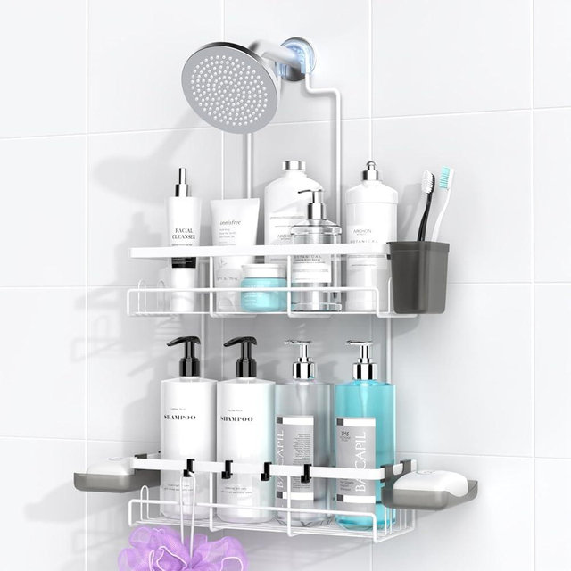 AKTECKE Shower Caddy Hanging Bathroom Organizer: Rustproof Shower Shelf for Inside Shower - No Drilling Shower Racks Over Showerhead - Bath Shower Shelves Rack for Shampoo Soap White