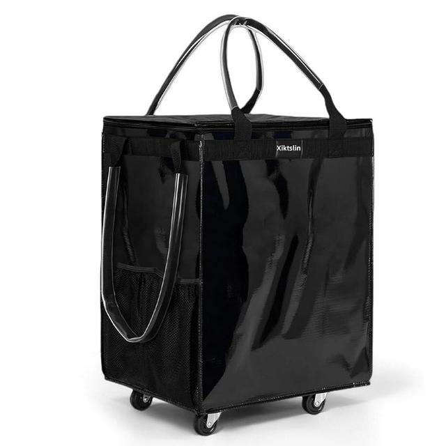 (Medium, Black) Reusable Grocery Bag on 4 Wheels, Foldable Rolling Tote Carries Up to 66lb Shopping Trolley, Rolling Bag with 3 Handles, Zipper Clouser Rolling Tote Bag with Wheels for Laundry