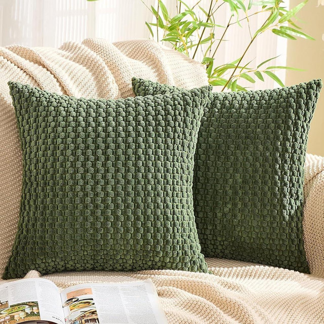 GAWAMAY Decorative Throw Pillow Covers 22x22 Inch Set of 2 for Living Room Couch Bed Sofa, Farmhouse Square Cushion Cover Soft Striped Corduroy Pillow Cases Boho Accent Home Decor (55x55cm) Dark Green