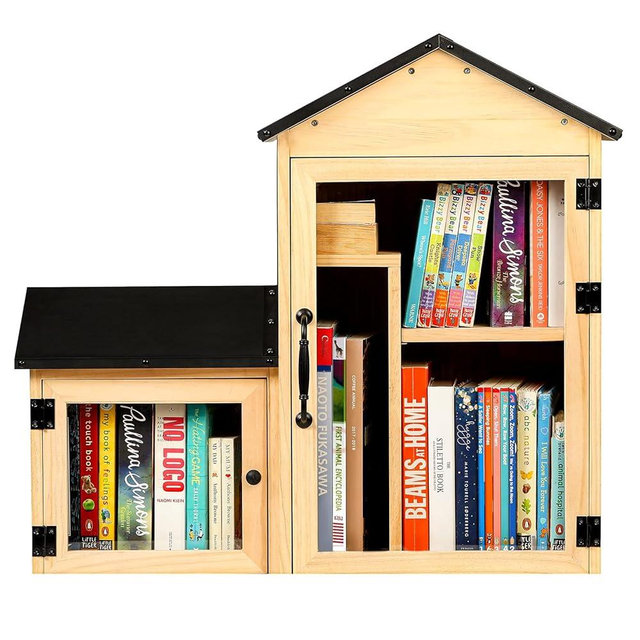 Little Library Box Outdoor, Double Little Library Design with Adjustable Shelf and Large & Small Compartments, Solid Wood with Waterproof Coating & Metal Trim, Sharing Books, Literature & Newspapers