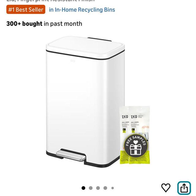 EKO Madison Matte White Stainless Steel 13.2 Gal/50L Kitchen Step Trash Can or Recycling Bin, Removable Inner Liner, Soft Close Lid, Fingerprint Resistant Finish